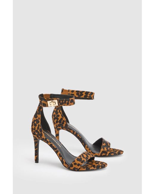 Karen Millen White Leather Leopard Print Turn Lock Detail Heeled Sandal