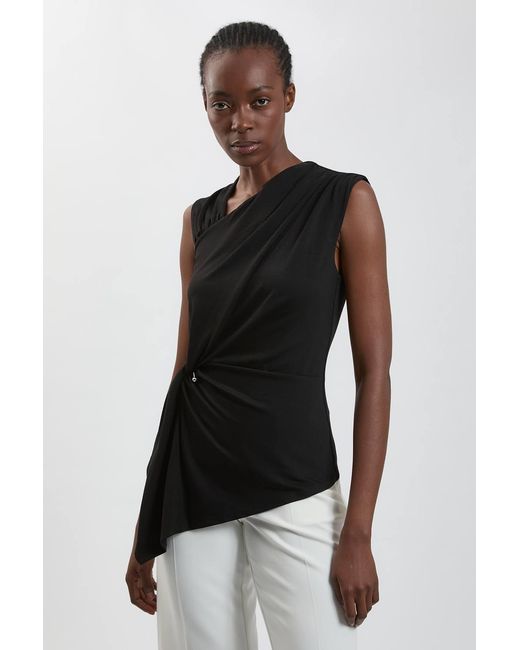Karen Millen Black Viscose Metal Clasp Detail Jersey Top With Asymmetrical Hem