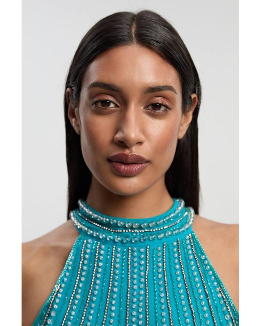 Karen Millen Blue Crystal Embellished Fringed Woven Midi Dress