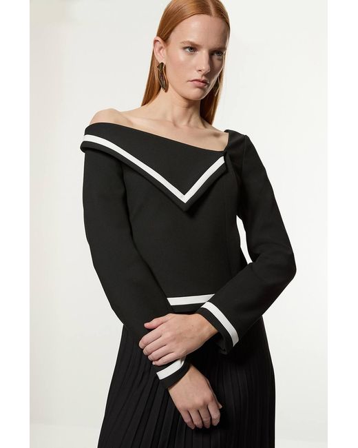 Karen Millen Black Petite Compact Stretch Asymmetric Neck Colour Block Pleated Tailored Midaxi Dress