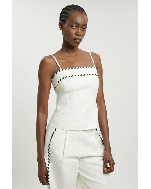 Karen Millen White Petite Tailored Linen Blend Contrast Stitch Top