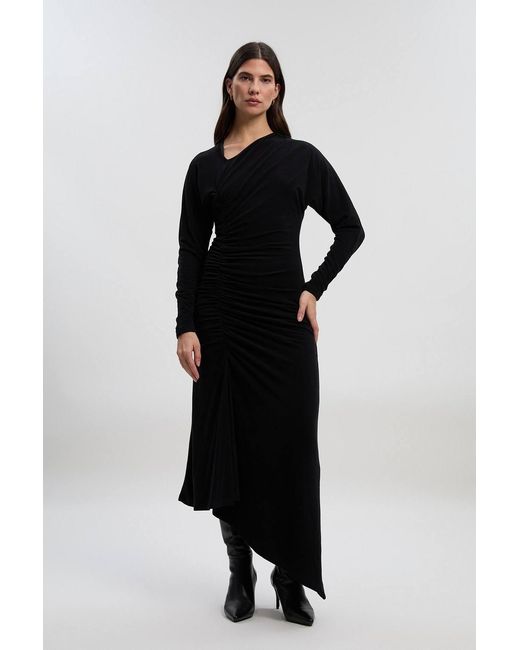 Karen Millen Black Ruched Detail Brushed Textured Jersey Midi Dress