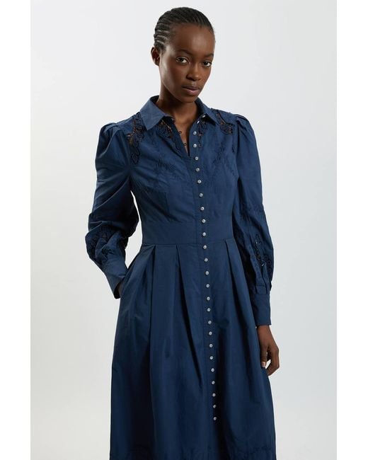 Karen Millen Blue Petite Cotton Cutwork Balloon Sleeve Woven Midi Dress