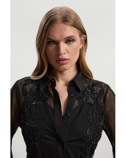 Karen Millen Black Archive Mesh Embellished Embroidered Sheer Shirt Dress