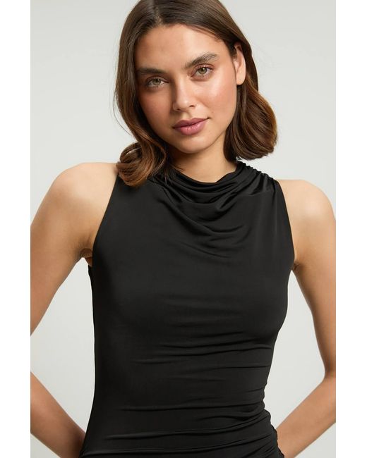 Karen Millen Black Petite Stretch Drapey Crepe Ruched Hanky Hem Midi Dress