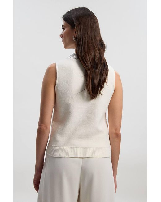 Karen Millen White Embellished Hotfix V Neck Knit Tank Top