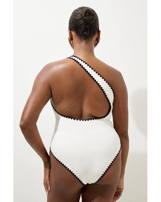 Karen Millen White Plus Size Contrast Stitch One Shoulder Swimsuit