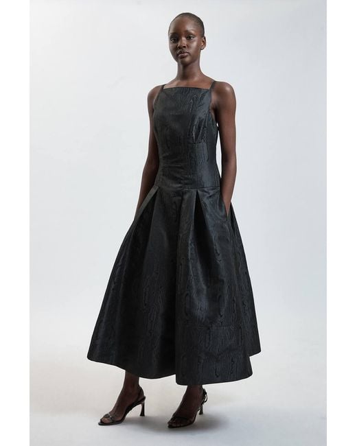 Karen Millen Black Petite Taffeta Twill Square Neck Strappy Midi Dress