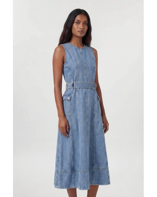Karen Millen Blue Denim Dropped Waist Full Skirted Midi Dress