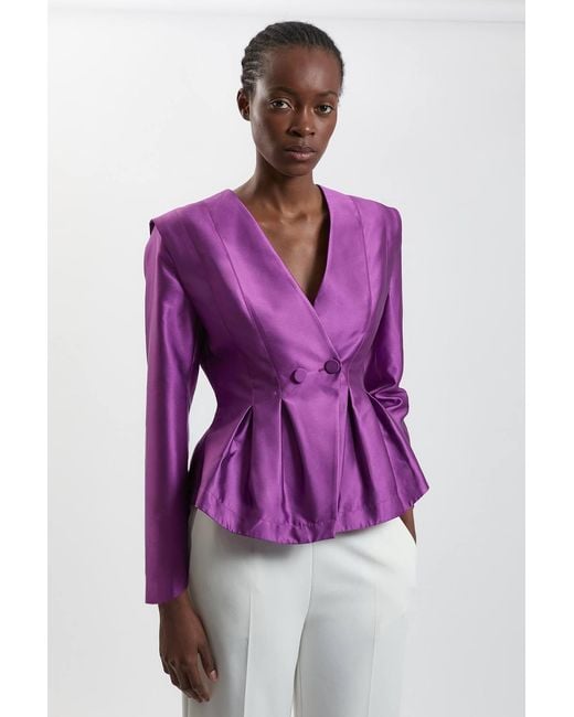 Karen Millen Purple Structured Satin Peplum Tailored Blazer