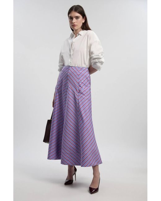 Karen Millen Purple Cotton Stripe Full Midi Skirt