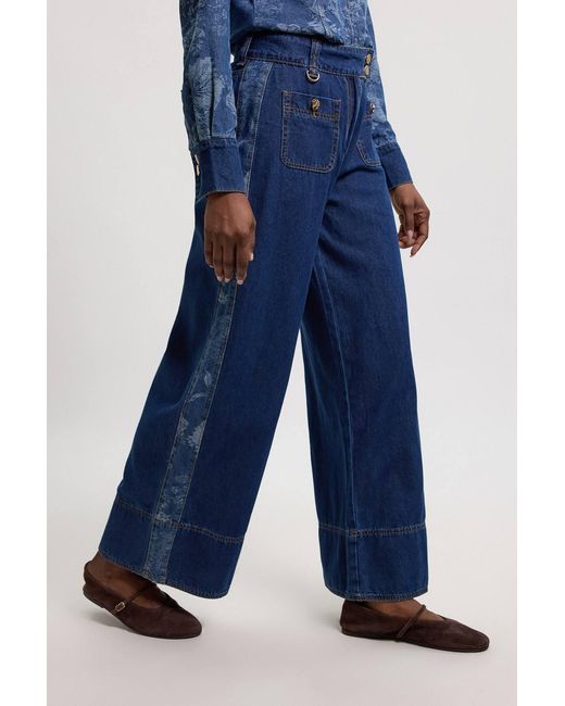 Karen Millen Blue Denim & Jacquard Contrast Wide Leg Jeans