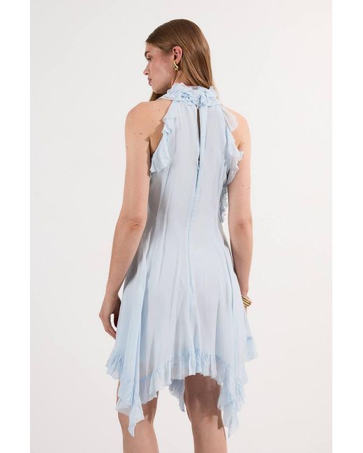 Karen Millen Blue Viscose Georgette Ruffle Halter Neck Woven Top Mini Dress