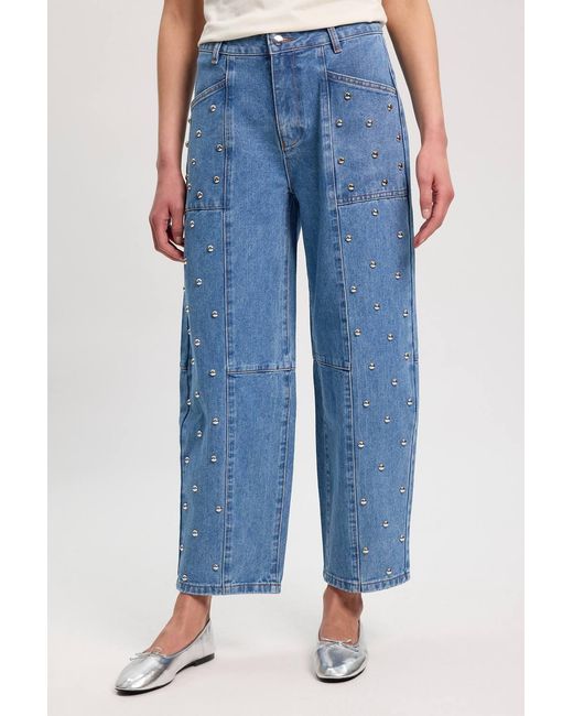 Karen Millen Blue Denim Studded Barrel Leg Jeans