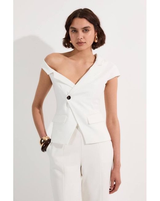 Karen Millen White Clean Tailored Asymmetric Collar Belted Tailored Top