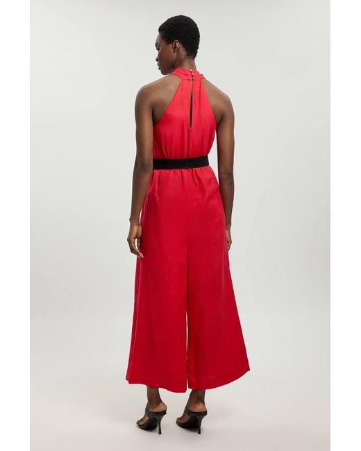 Karen Millen Red Petite Viscose Linen Belted Halterneck Woven Jumpsuit