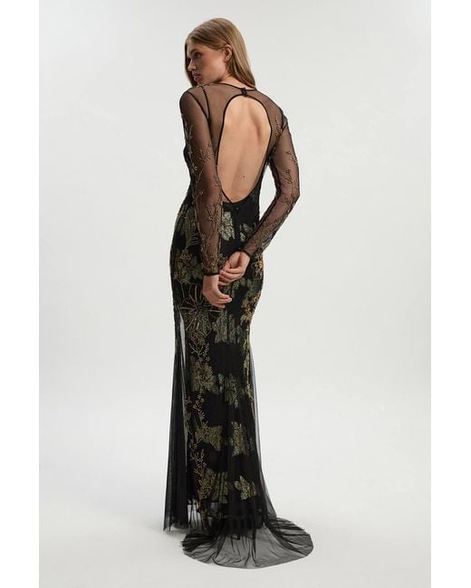Karen Millen Black Floral Applique Embellished Metallic Georgette Woven Maxi Dress