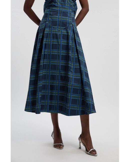 Karen Millen Blue Check Print Taffeta Woven Maxi Skirt