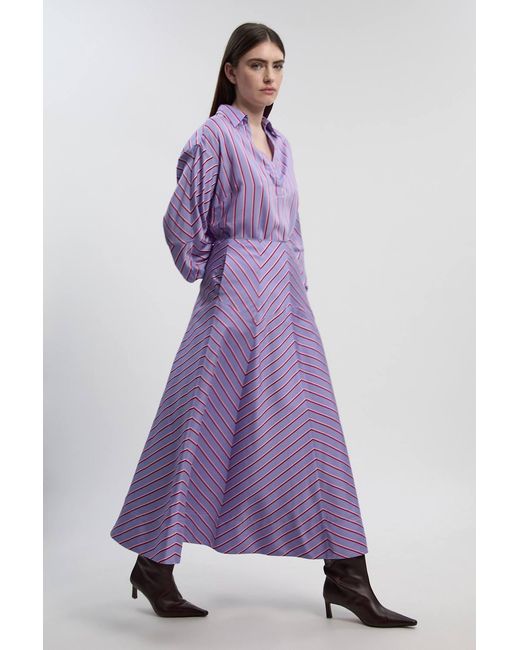 Karen Millen Purple Cotton Stripe Full Midi Skirt