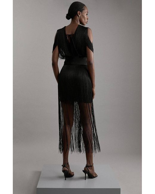 Karen Millen Gray Figure Form Bandage Knit Fringe Detail Dress