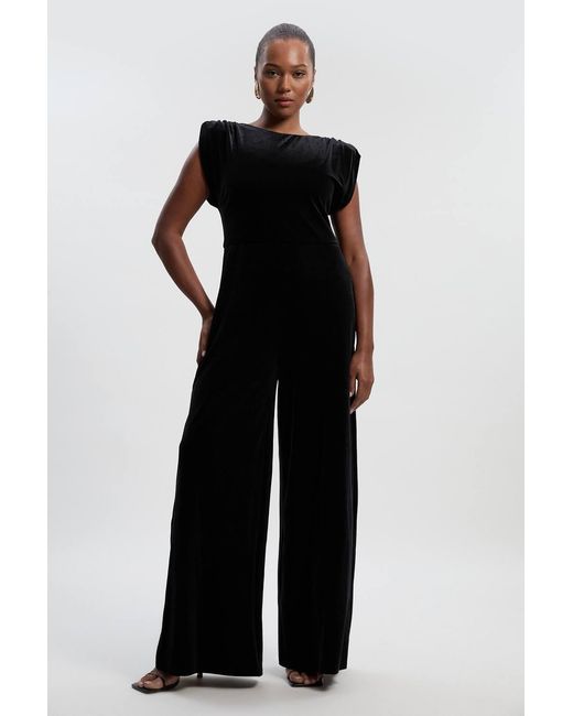 Karen Millen Black Plus Size Stretch Velvet Strong Shoulder Jumpsuit