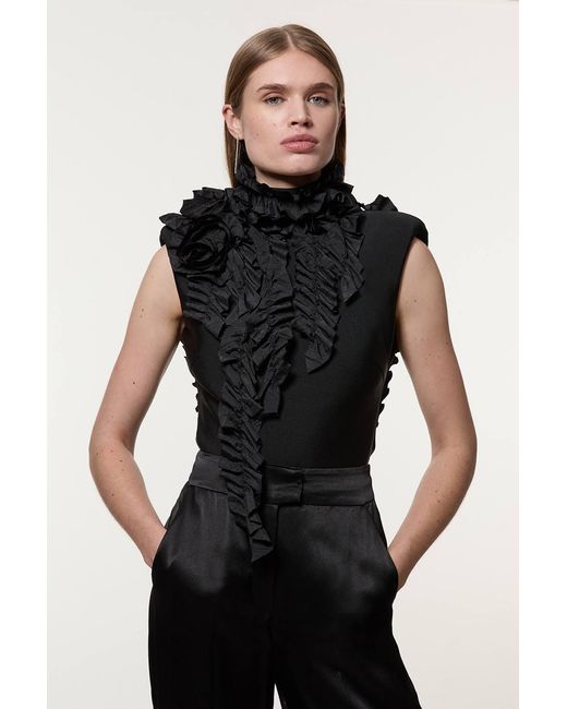 Karen Millen Black Figure Form Bandage Knit Woven Rosette Detail Top