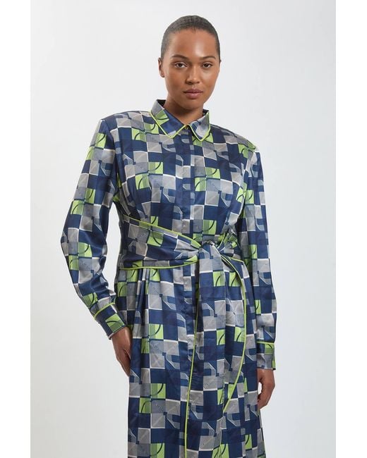 Karen Millen Blue Plus Size Geo Print Hammered Satin Tie Waist Woven Midi Dress