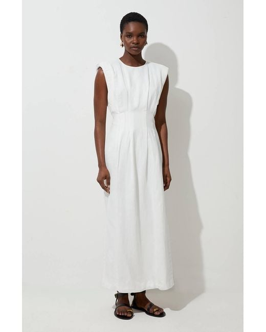 Karen Millen White Viscose Linen Woven Pintuck Midi Dress