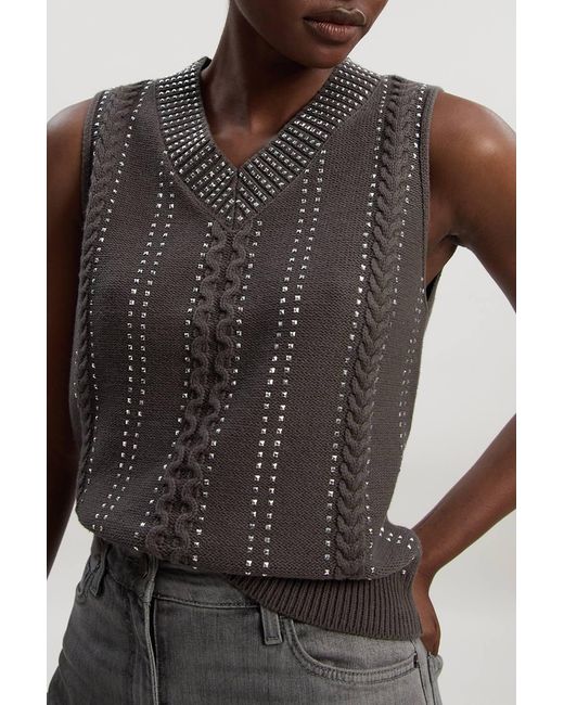 Karen Millen Gray Embellished Hotfix V Neck Knit Tank Top