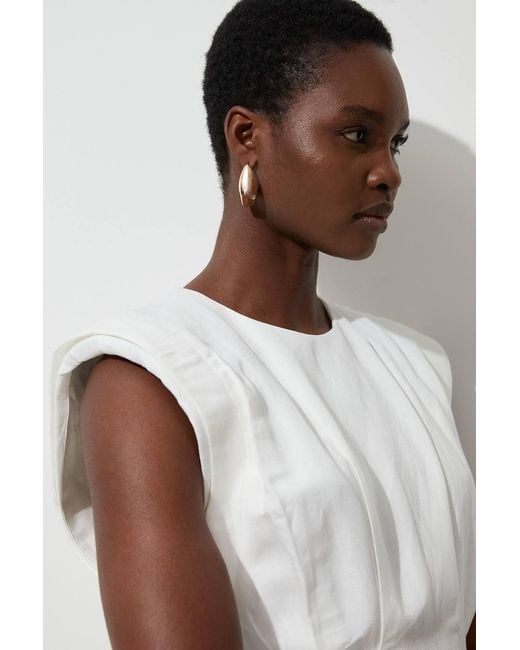 Karen Millen White Viscose Linen Woven Pintuck Midi Dress