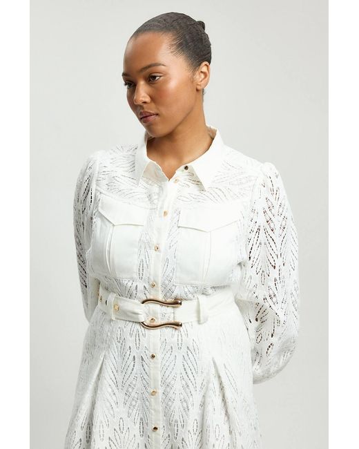 Karen Millen Natural Plus Size Cotton Cutwork Woven Shirt Midi Dress