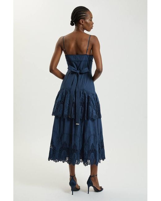 Karen Millen Blue Cotton Cutwork Strappy Woven Midi Dress