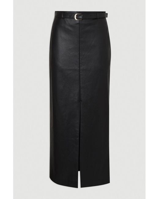 Karen Millen Black Faux Leather Tailored Midi Pencil Skirt