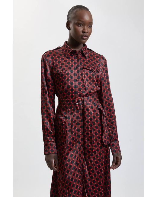 Karen Millen Purple Tailored Printed Satin Viscose Belted Maxi Shirt Dress