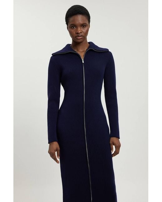 Karen Millen Blue Cotton Zip Through Collar Knitted Midi Dress