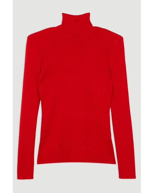 Karen Millen Red Slinky Drape Knit Power Shoulder Funnel Neck Top