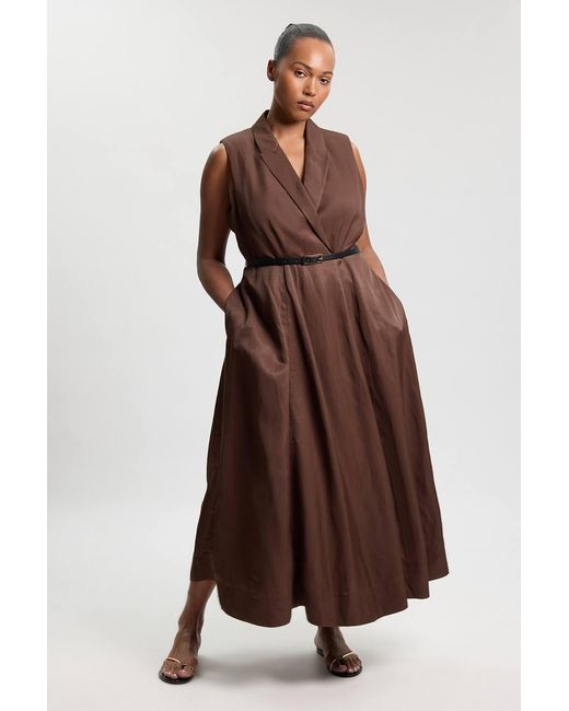 Karen Millen Brown Plus Size Premium Viscose Linen Tailored Belted Full Skirted Midi Dress