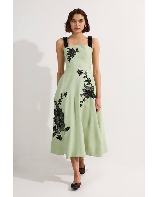 Karen Millen Green Viscose Linen Placed Floral Lace Embroidered Strappy Midi Dress
