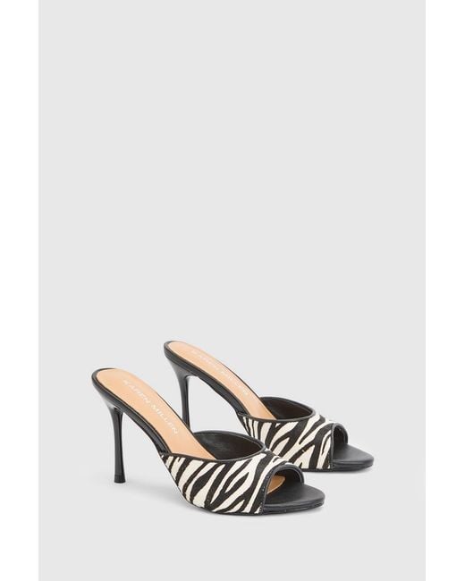 Karen Millen White Leather Pony Skin Print Peep Toe Mule