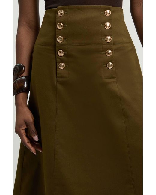 Karen Millen Green Cotton Tailored Button Detail Midi Skirt