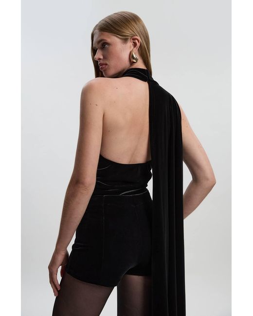Karen Millen Black Stretch Velvet High Neck Cape Shoulder Bodysuit