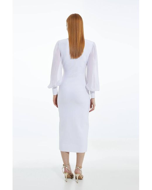 Karen Millen White Bandage Figure Form Zip Detail Chiffon Sleeve Knit Dress