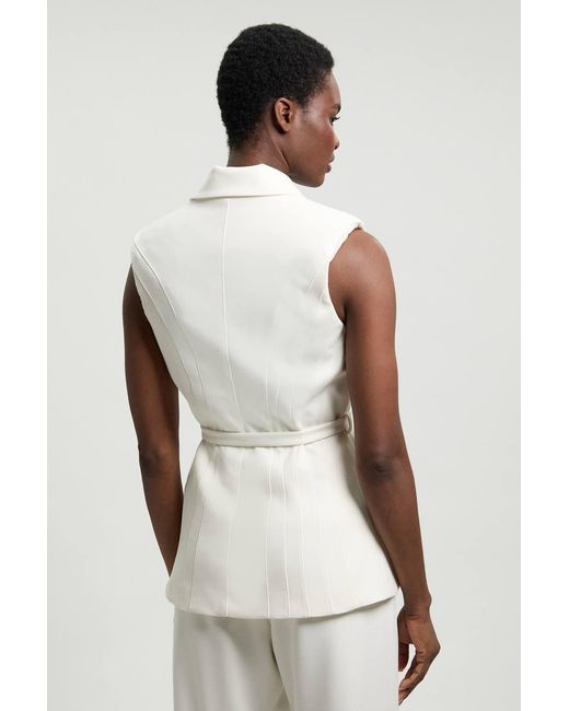 Karen Millen White Petite Tailored Structured Crepe Belted Sleeveless Blazer