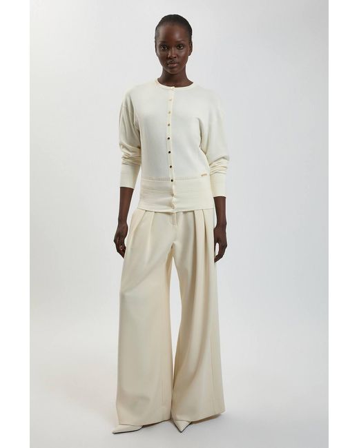 Karen Millen Natural Forever Viscose Blend Knitted Stitch Detail Balloon Sleeve Cardigan Sweater