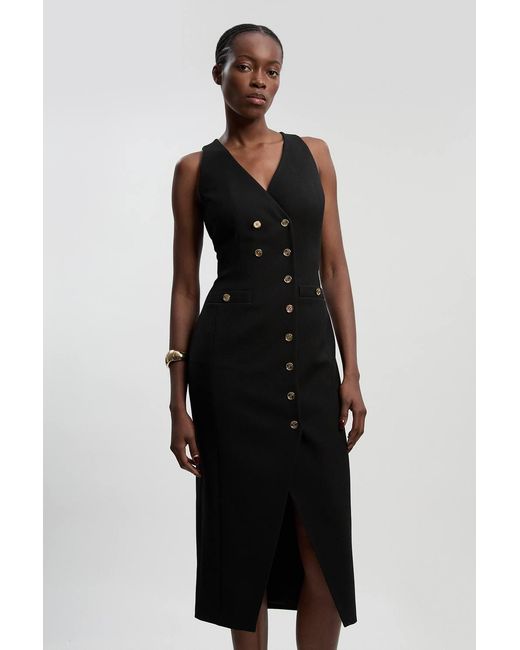 Karen Millen Black Textured Compact Stretch V Neck Button Detail Midi Dress