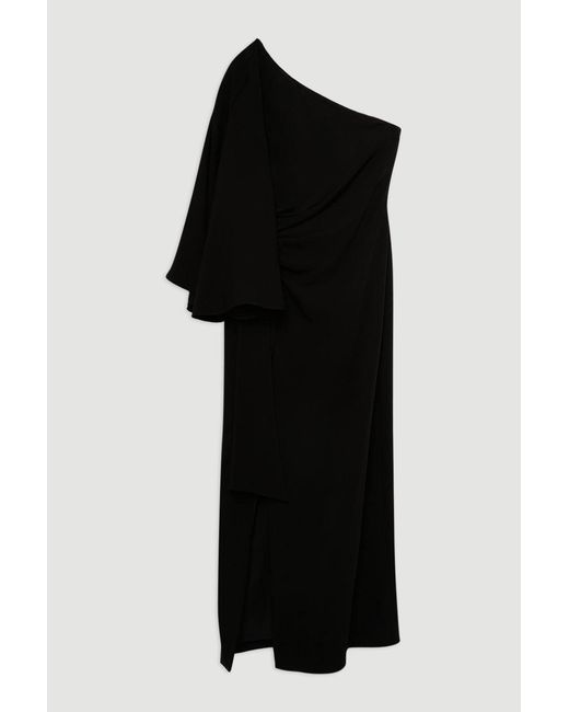 Karen Millen Black Compact Stretch Viscose Drape Sleeve One Shoulder Tailored Maxi Dress