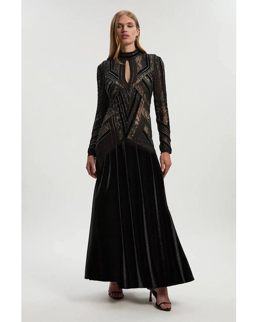 Karen Millen Black Velvet Embellished Long Sleeve Maxi Dress