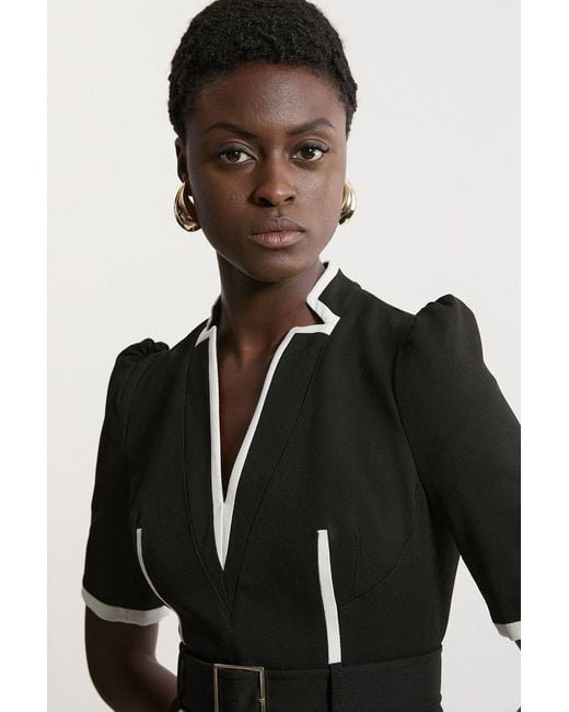 Karen Millen Black Compact Stretch Contrast Tipped Forever Belted Tailored Midi Dress