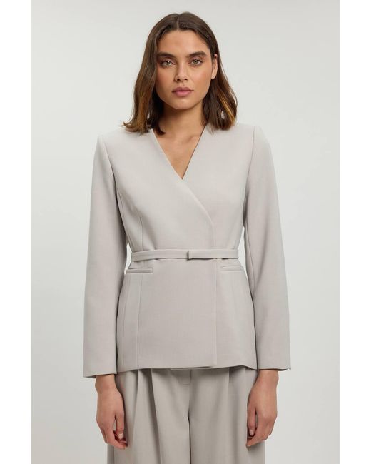 Karen Millen Gray Compact Stretch Belted Tailored Jacket