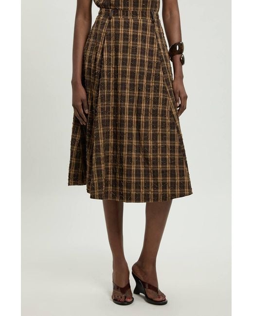 Karen Millen Natural Beaded Check Print Midi Skirt